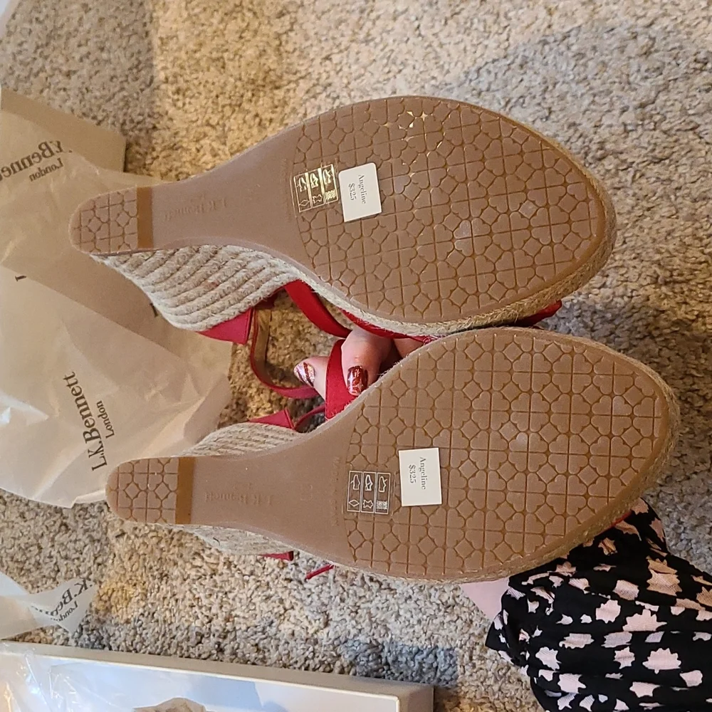 L.K. Bennett Angeline Red Satin Wedge Espadrilles - Picture 7 of 16